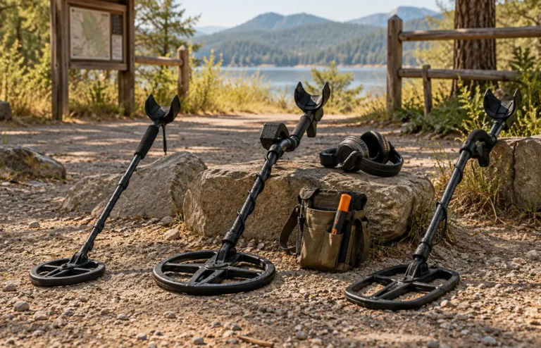 Three unbranded metal detectors and essential beginner equipment