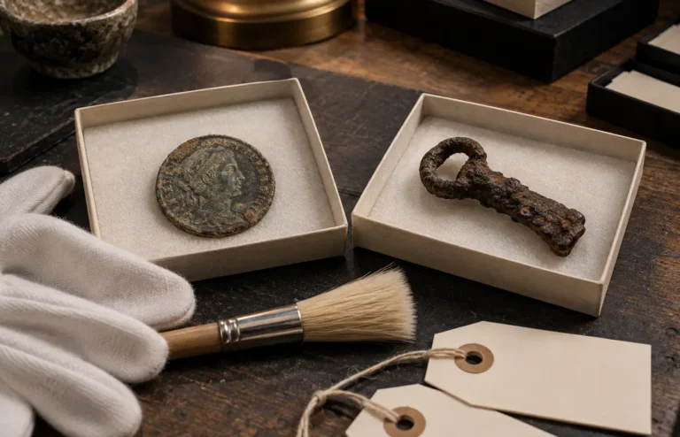 Corroded coin and iron relic prepared for careful conservation