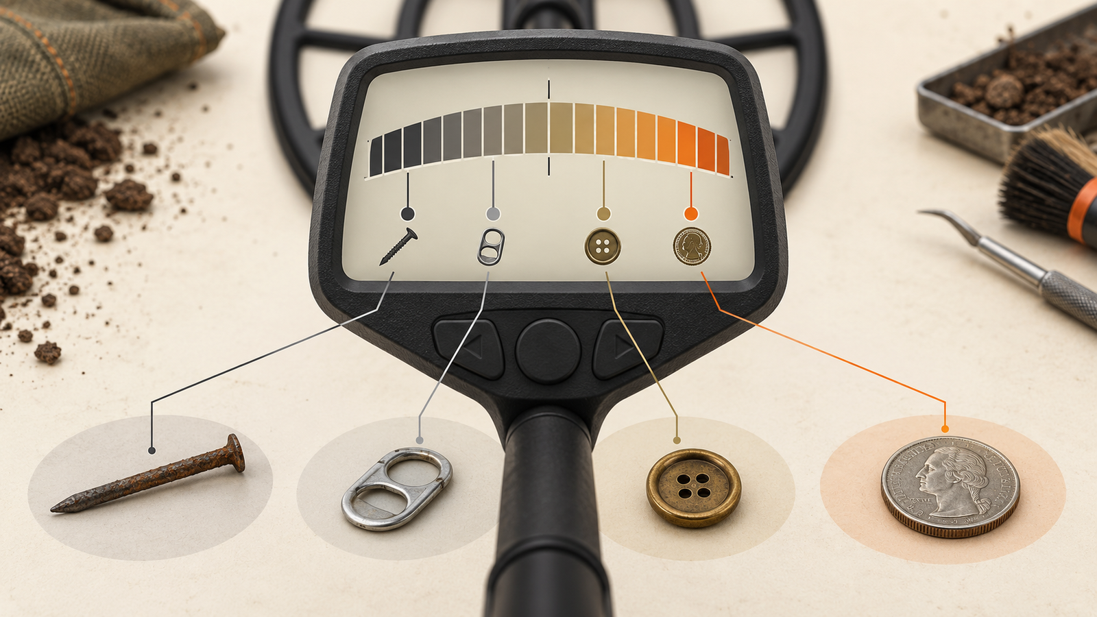 Metal detector Target ID display with sample targets and conductivity reference