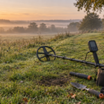 Beginner metal detecting field guide with detector, headphones and responsible recovery tools