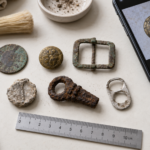 Identification layout for a metal detecting find with scale, measurements and reference notes