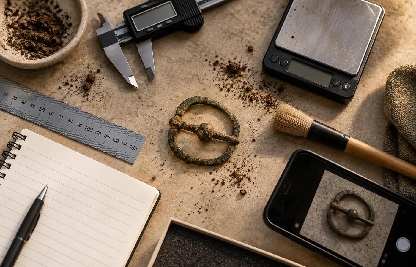 Metal detecting find identification checklist with ruler, scale and documentation tools