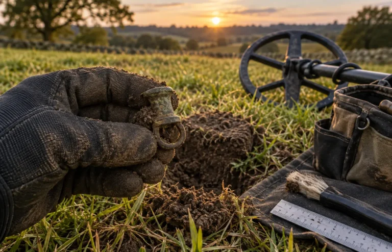 Responsible metal detecting find recovery with ruler and documentation tools