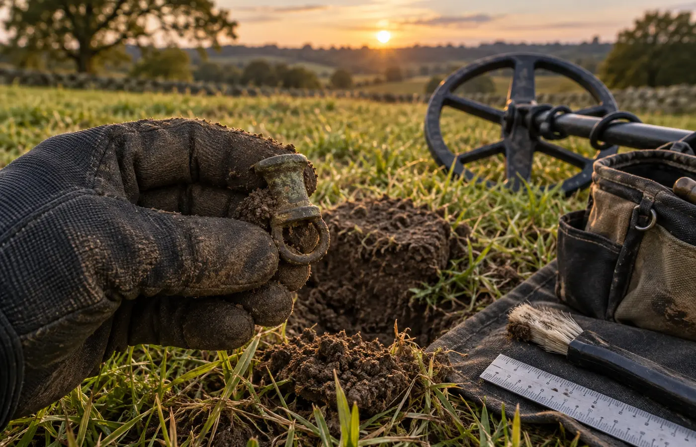 Responsible metal detecting find recovery with ruler and documentation tools