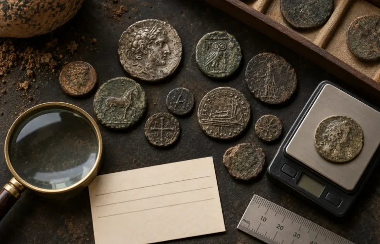 Old coins arranged with magnifier, scale and measurement tools for identification