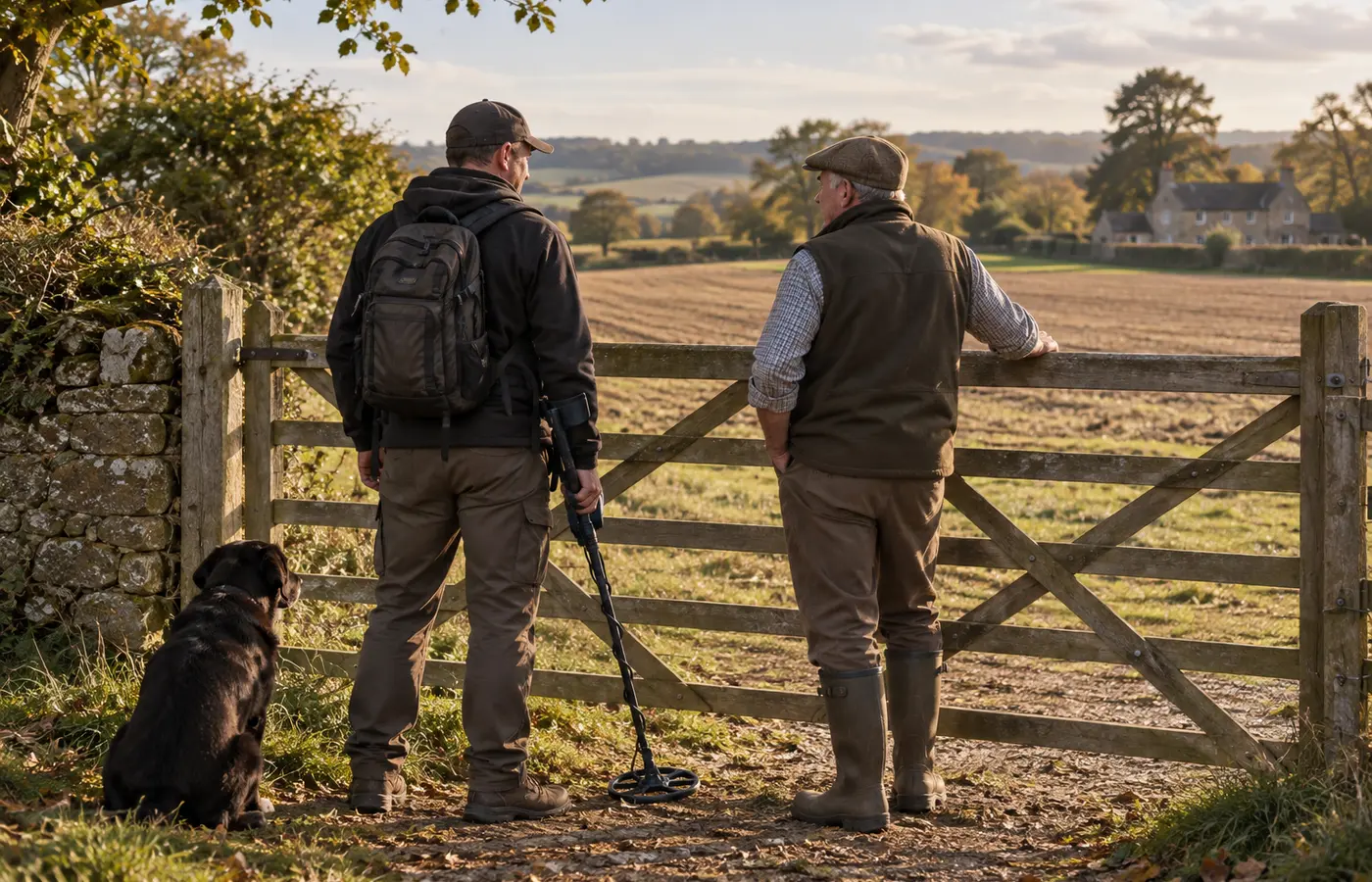 Detectorist respectfully asking a landowner for permission beside a field gate
