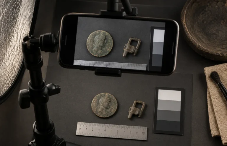 Photographing an old coin and relic with scale and neutral background