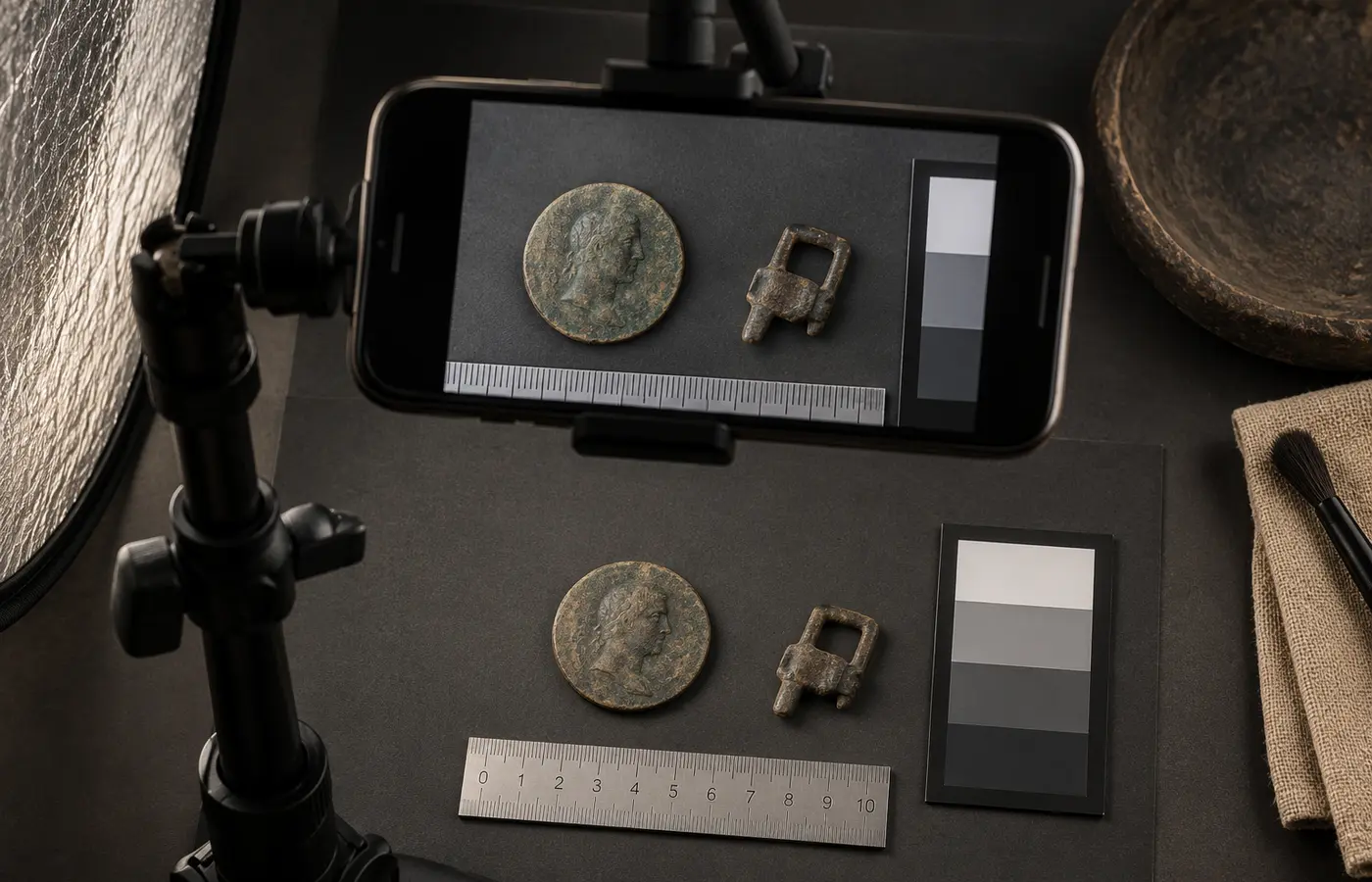 Photographing an old coin and relic with scale and neutral background